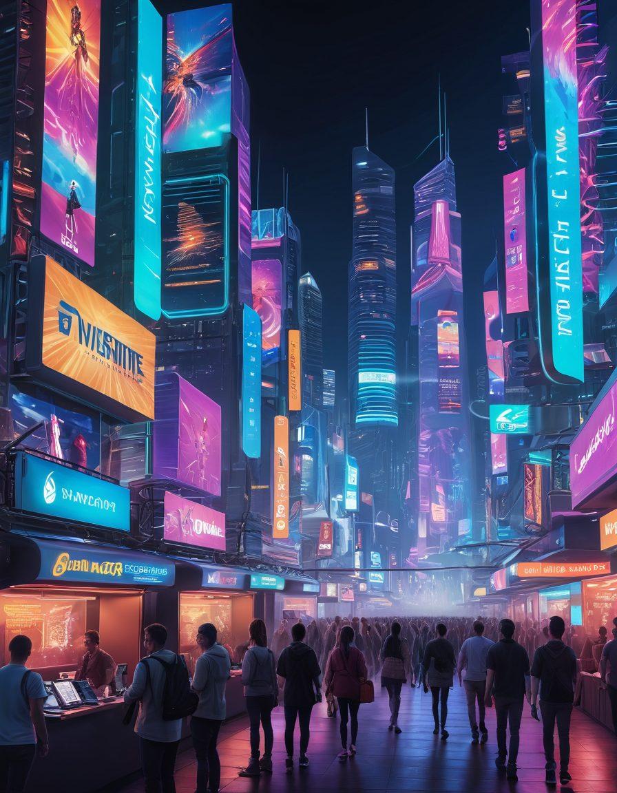 A futuristic cityscape showcasing a bustling online ticketing platform, with diverse people using digital devices to buy tickets in a vibrant festival-like atmosphere. High-tech kiosks display holograms of events, while drones deliver tickets to excited attendees. Include elements of technology like augmented reality interfaces and colorful event posters. super-realistic. vibrant colors. cyberpunk.