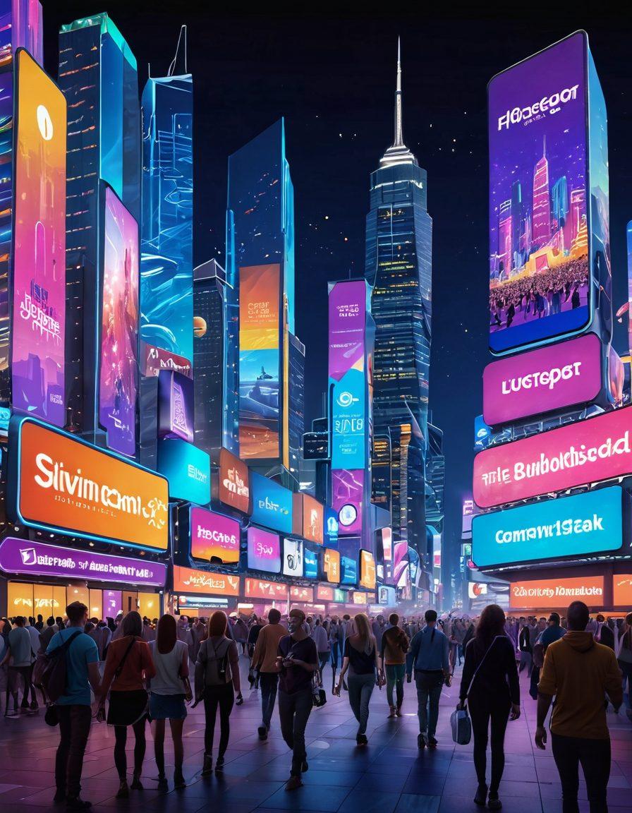 A futuristic city skyline adorned with digital billboards displaying animated tickets and event details, with people using smartphones to purchase tickets. Incorporate elements of a festival atmosphere with colorful decorations and diverse crowds, highlighting the transition from paper to digital ticketing. Show a blend of technology and excitement in the scene. vibrant colors. super-realistic. digital art.